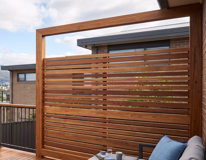 A timber slat privacy screen built into a deck's frame, integrated rather than bolted on